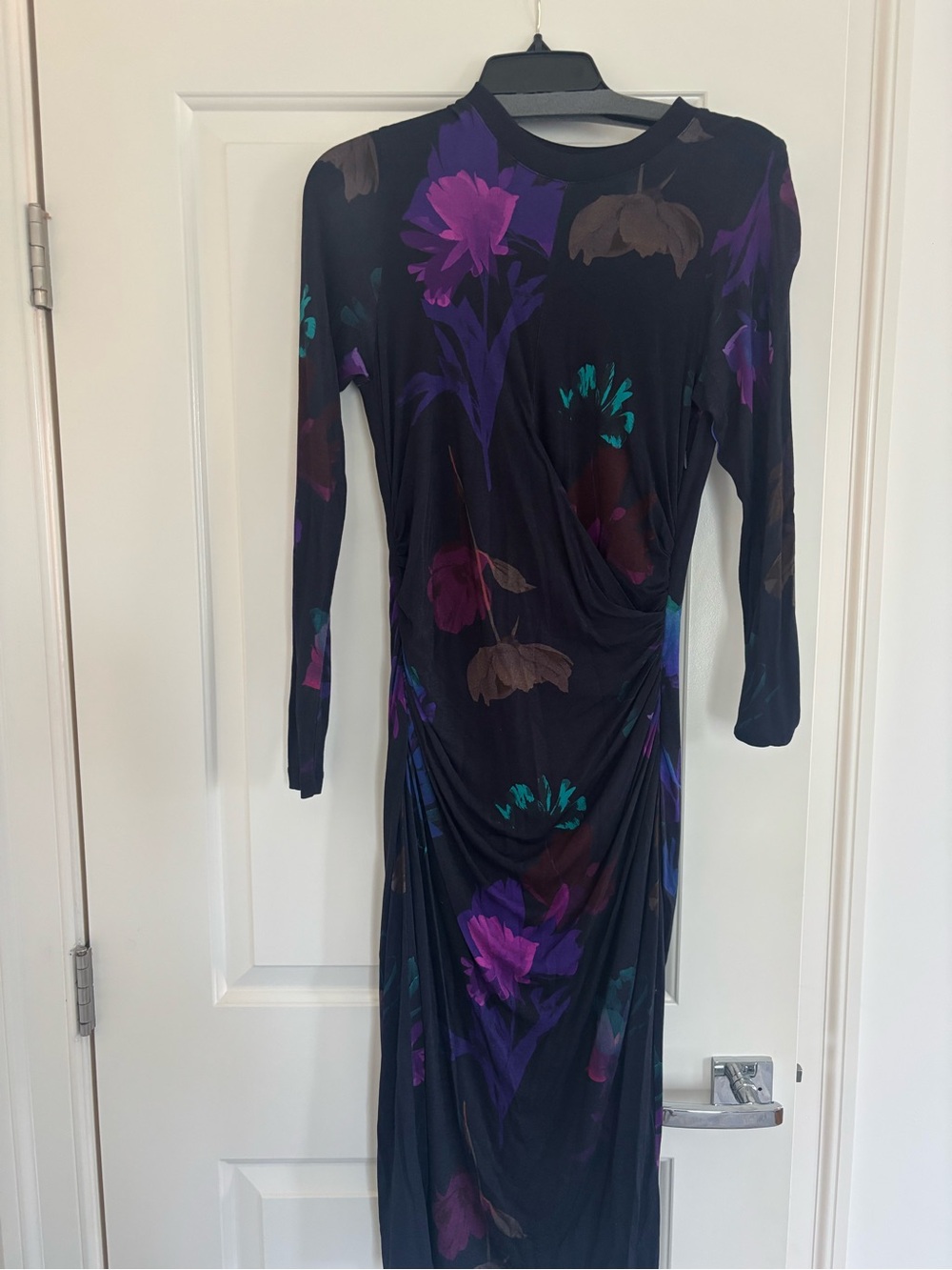 Boss Black Long Sleeve Floral Midi Dress with Purple & Teal Accents